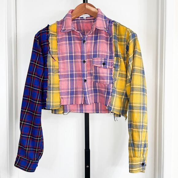 Better Be Womens Cropped Button Front Shirt Blouse- Colorblock Plaid, Size M - Picture 1 of 6